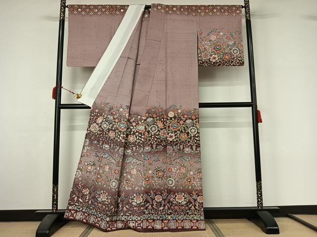 平和屋着物▽染織の名門　しょうざん　生紬　訪問着　単衣　更紗花文　正絹　逸品　AABL9185jh