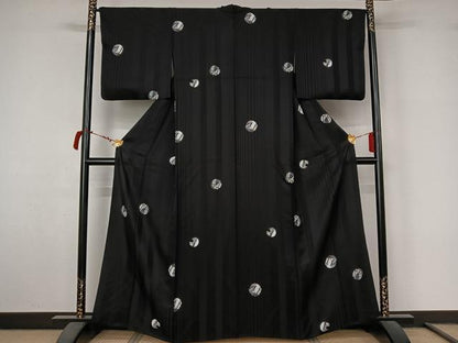 平和屋着物▽上質な小紋　単衣　風景花丸文　黒地　金彩　正絹　逸品　AABL9191jh