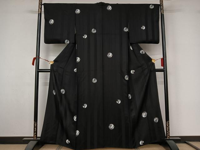 平和屋着物▽上質な小紋　単衣　風景花丸文　黒地　金彩　正絹　逸品　AABL9191jh