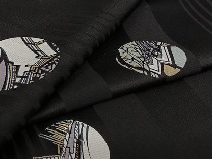 平和屋着物▽上質な小紋　単衣　風景花丸文　黒地　金彩　正絹　逸品　AABL9191jh