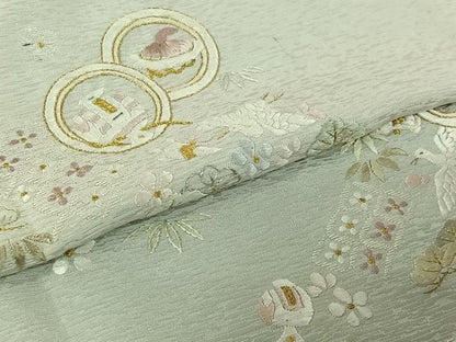 平和屋着物▽訪問着　単衣　総刺繍　飛鶴宝尽くし文　金糸　正絹　逸品　AABL9197jh