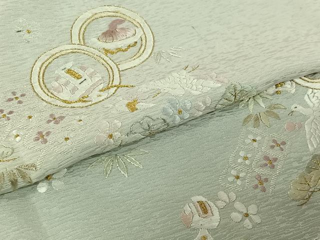 平和屋着物▽訪問着　単衣　総刺繍　飛鶴宝尽くし文　金糸　正絹　逸品　AABL9197jh
