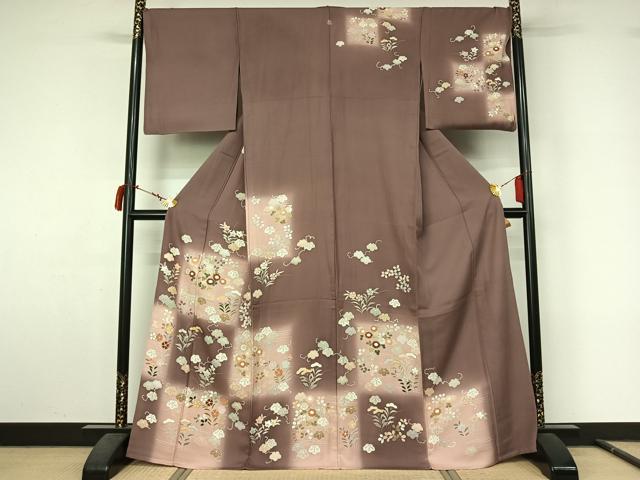 平和屋着物▽訪問着　単衣　草花文　暈し染め　金彩　三越扱い　正絹　逸品　AABL9199jh