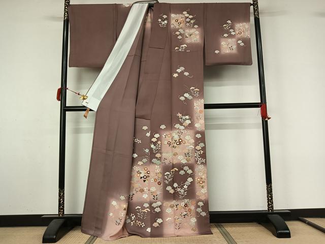 平和屋着物▽訪問着　単衣　草花文　暈し染め　金彩　三越扱い　正絹　逸品　AABL9199jh