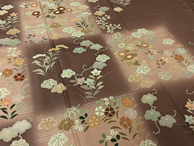 平和屋着物▽訪問着　単衣　草花文　暈し染め　金彩　三越扱い　正絹　逸品　AABL9199jh