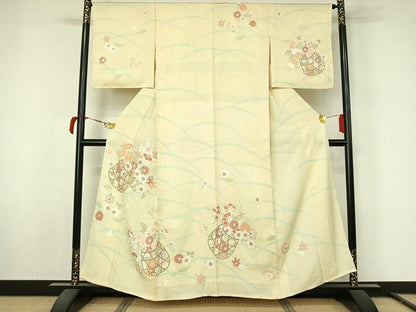 平和屋着物▽訪問着　単衣　駒刺繍　飾花文　金銀彩　正絹　逸品　AABL9213jh