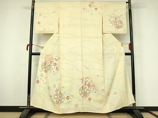 平和屋着物▽訪問着　単衣　駒刺繍　飾花文　金銀彩　正絹　逸品　AABL9213jh