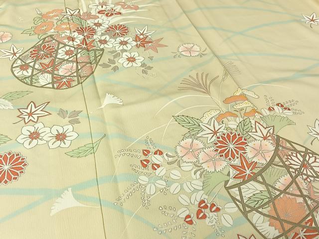 平和屋着物▽訪問着　単衣　駒刺繍　飾花文　金銀彩　正絹　逸品　AABL9213jh