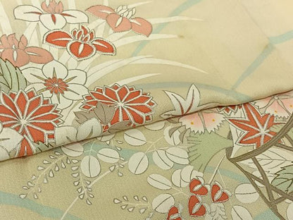 平和屋着物▽訪問着　単衣　駒刺繍　飾花文　金銀彩　正絹　逸品　AABL9213jh