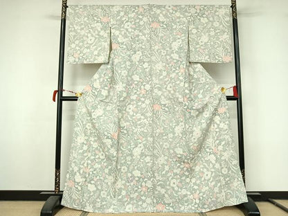 平和屋着物▽上質な小紋　単衣　紬地　辻が花　正絹　逸品　AABL9214jh