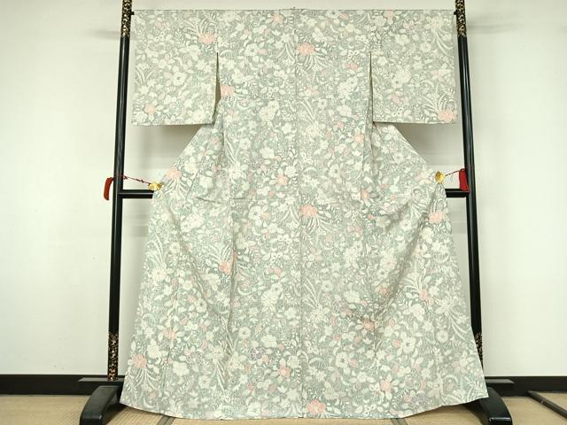 平和屋着物▽上質な小紋　単衣　紬地　辻が花　正絹　逸品　AABL9214jh