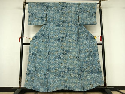 平和屋着物▽上質な小紋　単衣　型染め　花唐草文　暈し染め　鬼しぼ縮緬　正絹　逸品　AABL9217jh