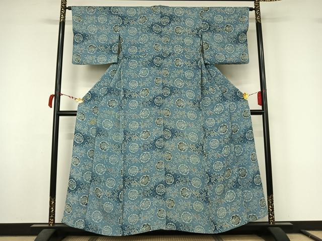 平和屋着物▽上質な小紋　単衣　型染め　花唐草文　暈し染め　鬼しぼ縮緬　正絹　逸品　AABL9217jh