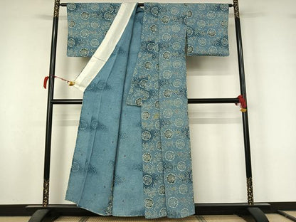 平和屋着物▽上質な小紋　単衣　型染め　花唐草文　暈し染め　鬼しぼ縮緬　正絹　逸品　AABL9217jh