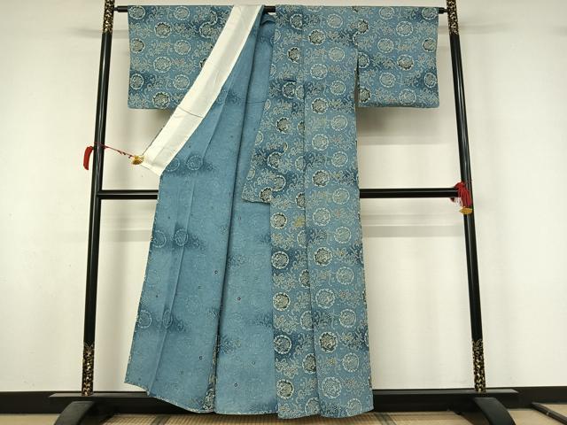 平和屋着物▽上質な小紋　単衣　型染め　花唐草文　暈し染め　鬼しぼ縮緬　正絹　逸品　AABL9217jh