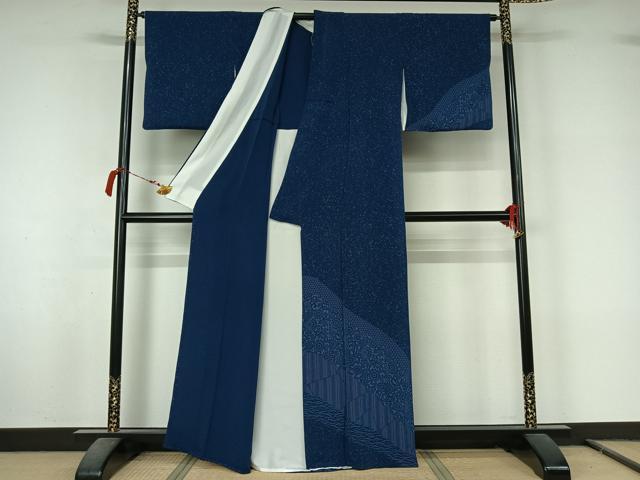 平和屋着物▽訪問着　単衣　藍　更紗花唐草文　正絹　逸品　AABL9232jh