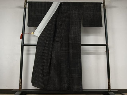 平和屋着物▽上質な紬　単衣　格子　黒地　正絹　逸品　AABL9234jh