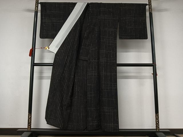 平和屋着物▽上質な紬　単衣　格子　黒地　正絹　逸品　AABL9234jh