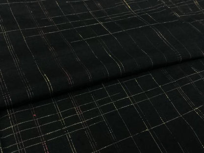 平和屋着物▽上質な紬　単衣　格子　黒地　正絹　逸品　AABL9234jh