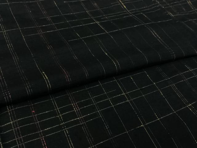 平和屋着物▽上質な紬　単衣　格子　黒地　正絹　逸品　AABL9234jh