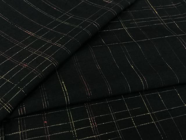 平和屋着物▽上質な紬　単衣　格子　黒地　正絹　逸品　AABL9234jh