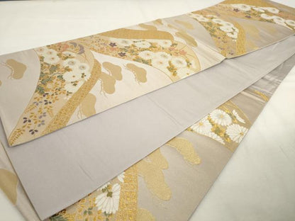 平和屋着物◎六通柄袋帯　唐織　遠山花文　金糸　正絹　逸品　AABL9246wj