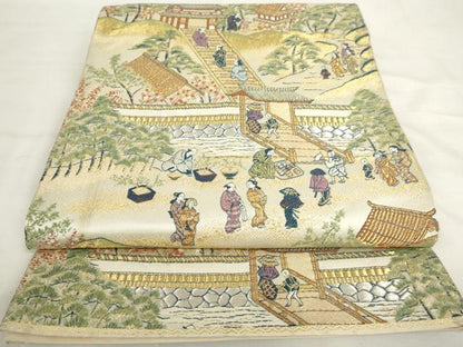 平和屋着物◎六通柄袋帯　唐織　人物風景文　金糸　正絹　逸品　AABL9248wj