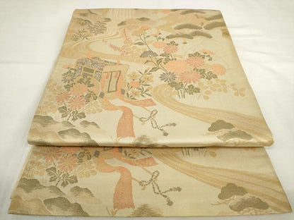 平和屋着物◎両面　六通柄袋帯　作家物　御所車風景文　金糸　正絹　逸品　AABL9264wj