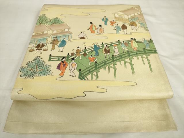平和屋着物◎太鼓柄袋帯　手描き　人物風景文　金糸　正絹　逸品　AABL9266wj