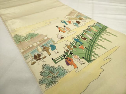 平和屋着物◎太鼓柄袋帯　手描き　人物風景文　金糸　正絹　逸品　AABL9266wj