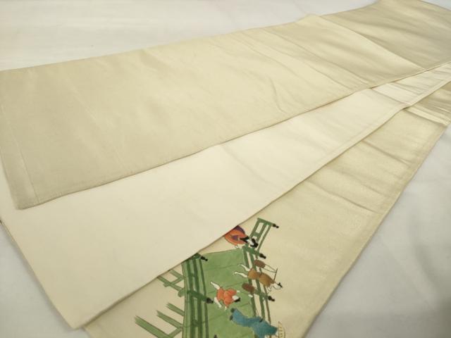 平和屋着物◎太鼓柄袋帯　手描き　人物風景文　金糸　正絹　逸品　AABL9266wj