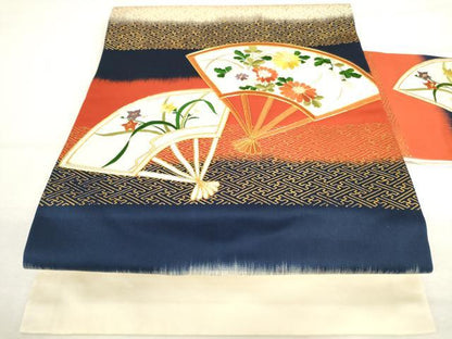 平和屋着物◎九寸名古屋帯　駒刺繍　扇面花文　金糸　金彩　正絹　逸品　AABL9273wj
