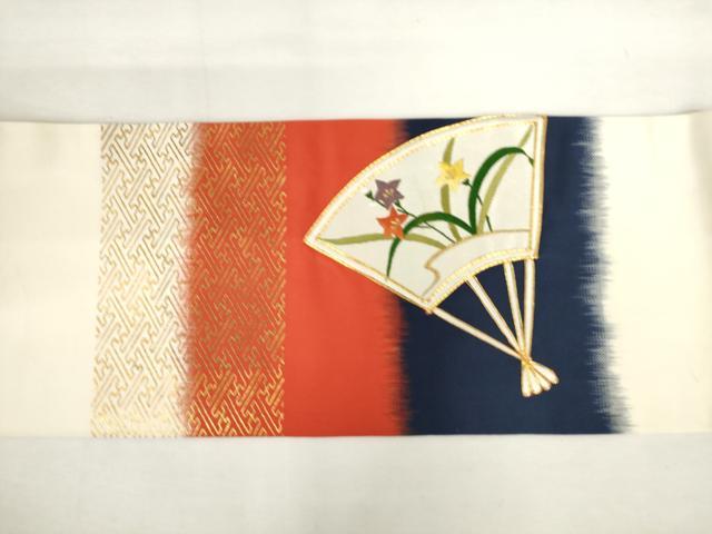 平和屋着物◎九寸名古屋帯　駒刺繍　扇面花文　金糸　金彩　正絹　逸品　AABL9273wj