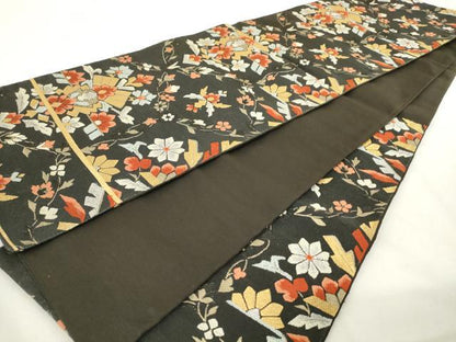 平和屋着物◎六通柄袋帯　唐織　草花文　黒地　金銀糸　正絹　逸品　AABL9292wj