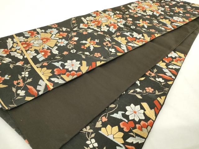 平和屋着物◎六通柄袋帯　唐織　草花文　黒地　金銀糸　正絹　逸品　AABL9292wj
