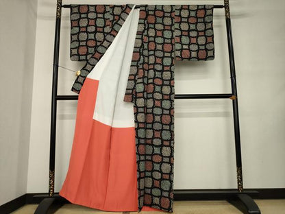 平和屋着物●上質な小紋　総絞り　幾何学文様　黒地　正絹　逸品　AABL9327ck
