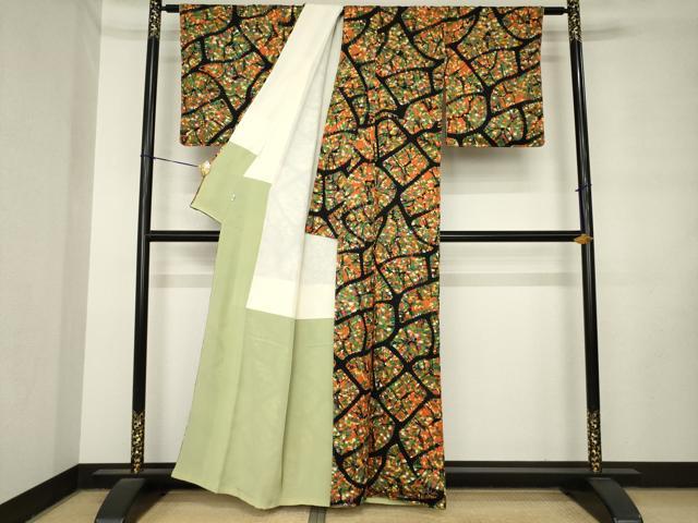 平和屋着物●上質な小紋　竜巻絞り　幾何学文様　黒地　松坂屋扱い　正絹　逸品　未使用　AABL9337ck