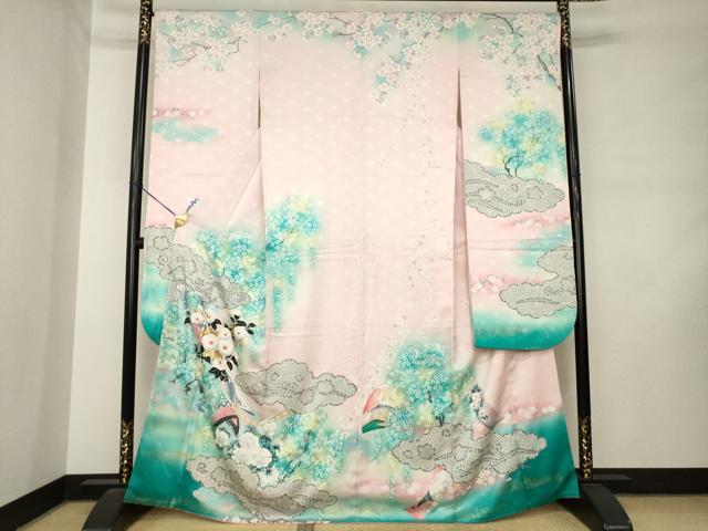 平和屋着物●大正の浮世絵師　竹久夢二　夢二ロマン　振袖　扇面花文　暈し染め　金銀彩　正絹　逸品　AABL9349ck
