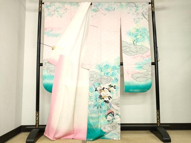 平和屋着物●大正の浮世絵師　竹久夢二　夢二ロマン　振袖　扇面花文　暈し染め　金銀彩　正絹　逸品　AABL9349ck