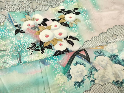 平和屋着物●大正の浮世絵師　竹久夢二　夢二ロマン　振袖　扇面花文　暈し染め　金銀彩　正絹　逸品　AABL9349ck