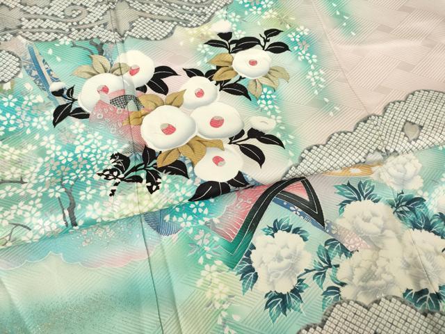 平和屋着物●大正の浮世絵師　竹久夢二　夢二ロマン　振袖　扇面花文　暈し染め　金銀彩　正絹　逸品　AABL9349ck