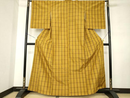 平和屋着物●黄八丈　紬　格子　正絹　逸品　AABL9359ck