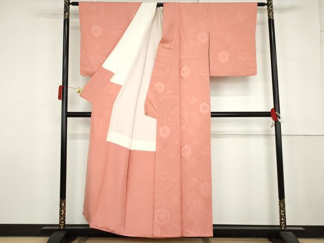 平和屋着物●上質な色無地　亀甲花地紋　薄紅色　正絹　逸品　AABL9367cs