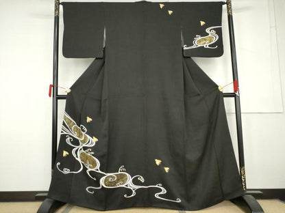 平和屋着物●訪問着　流水に千鳥　黒地　金彩　正絹　逸品　AABL9386cs