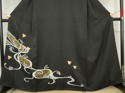 平和屋着物●訪問着　流水に千鳥　黒地　金彩　正絹　逸品　AABL9386cs
