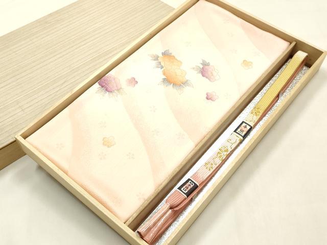平和屋本店▼和装小物　帯締め・帯揚げセット　高麗組 綾出し　舞花文　金糸　金彩　暈し染め　正絹　逸品　未使用品あり　AABL9437ay
