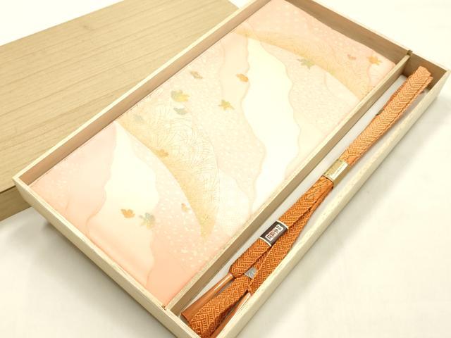 平和屋本店●和装小物　帯締め・帯揚げセット　平組　道長芝草花文　金糸　金彩　暈し染め　正絹　逸品　未使用　AABL9439ay
