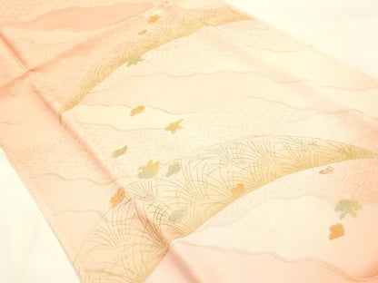 平和屋本店●和装小物　帯締め・帯揚げセット　平組　道長芝草花文　金糸　金彩　暈し染め　正絹　逸品　未使用　AABL9439ay