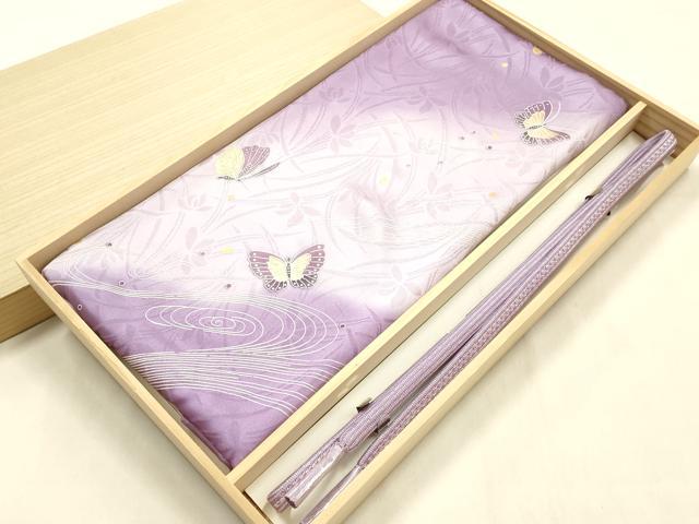 平和屋本店■和装小物　帯締め・帯揚げセット　平組　立波舞蝶文　金糸　金彩　暈し染め　正絹　逸品　未使用品あり　AABL9444ay
