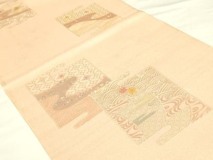 平和屋本店▼和装小物　帯揚げ　色紙風景文　金糸　丹後ちりめん　正絹　逸品　未使用　AABL9459ay